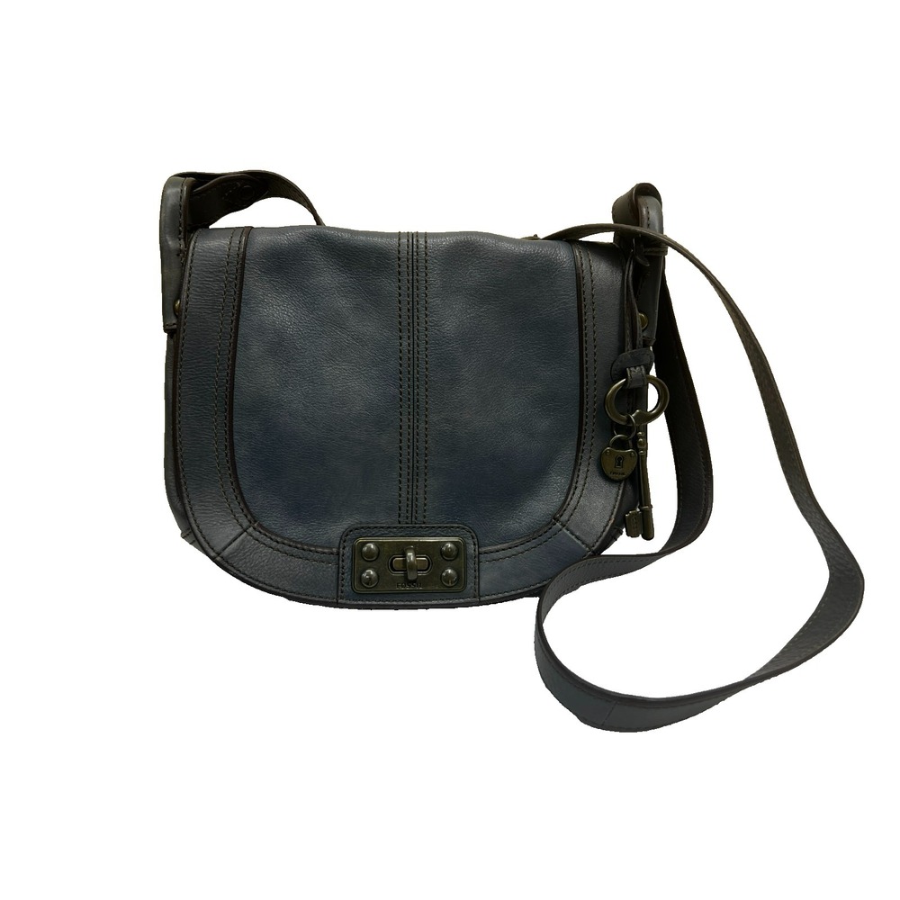 Fossil Vintage Revival Flap Crossbody Purse Dark Gray Leather‎ Turn Lock Charm